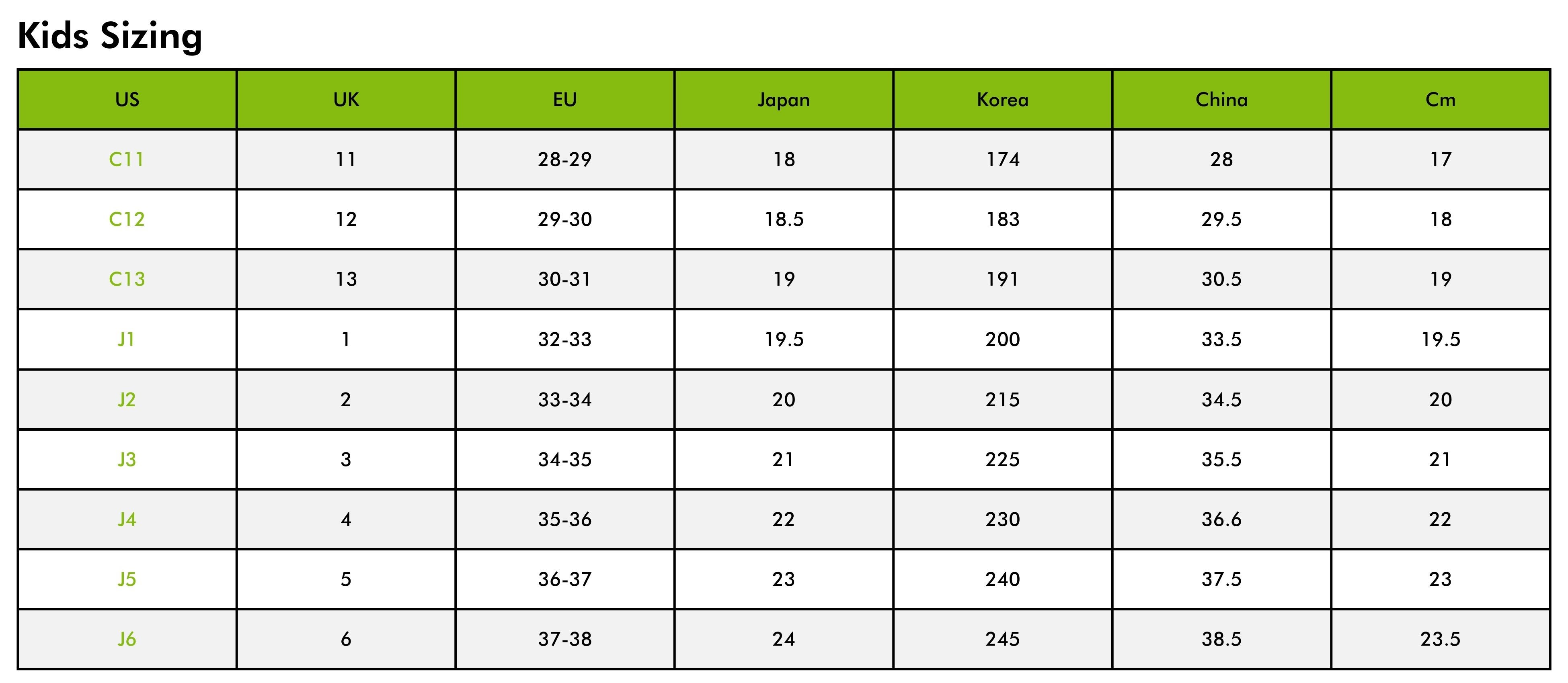 youth size chart shoes